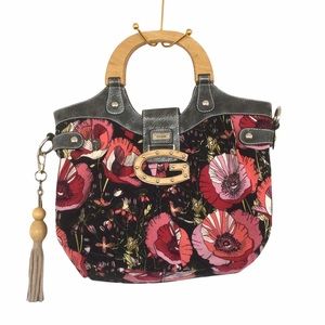 GUESS Pink Floral Wood Handles Purse with Tassel Boho Animal print